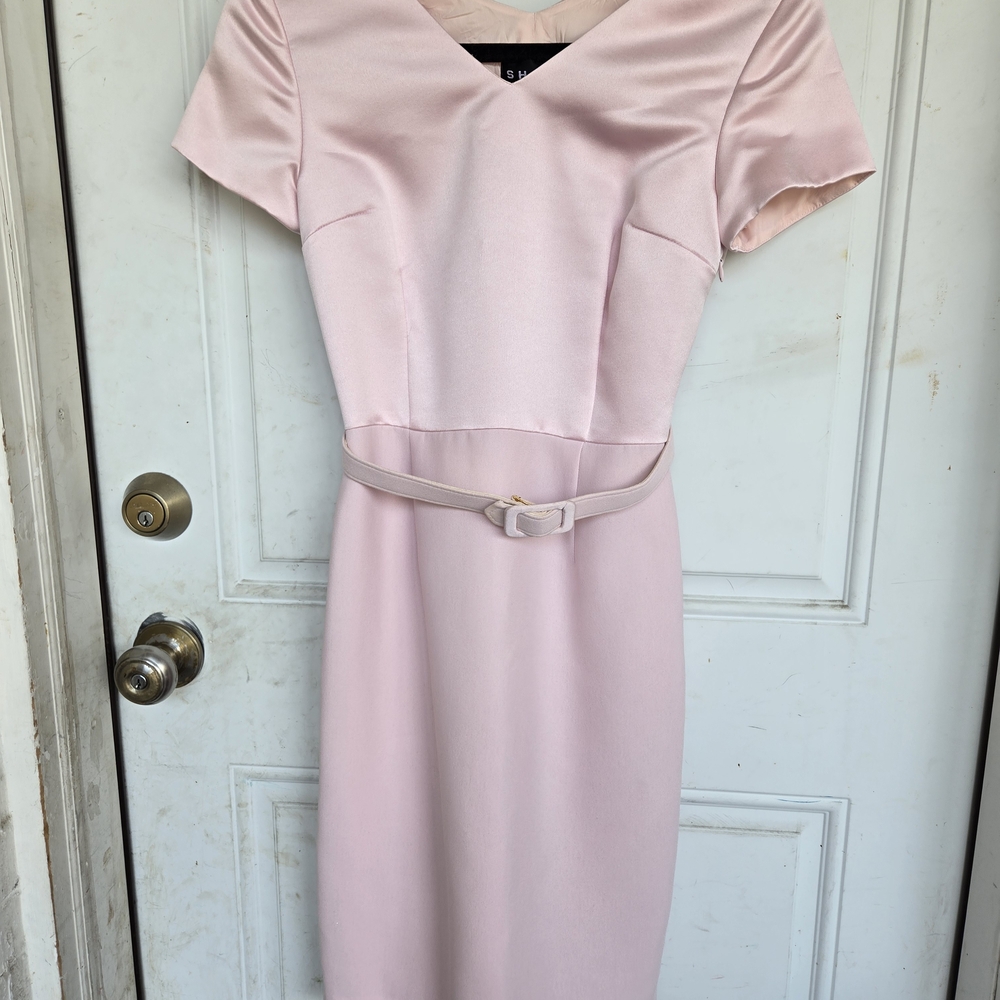 SHANI Pink Sheath Midi Dress V-Neck Short Sleeve